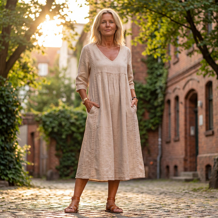 Frieda | Locker fallendes Midi-Kleid aus Leinen – Bequem & stilvoll mit Taschen